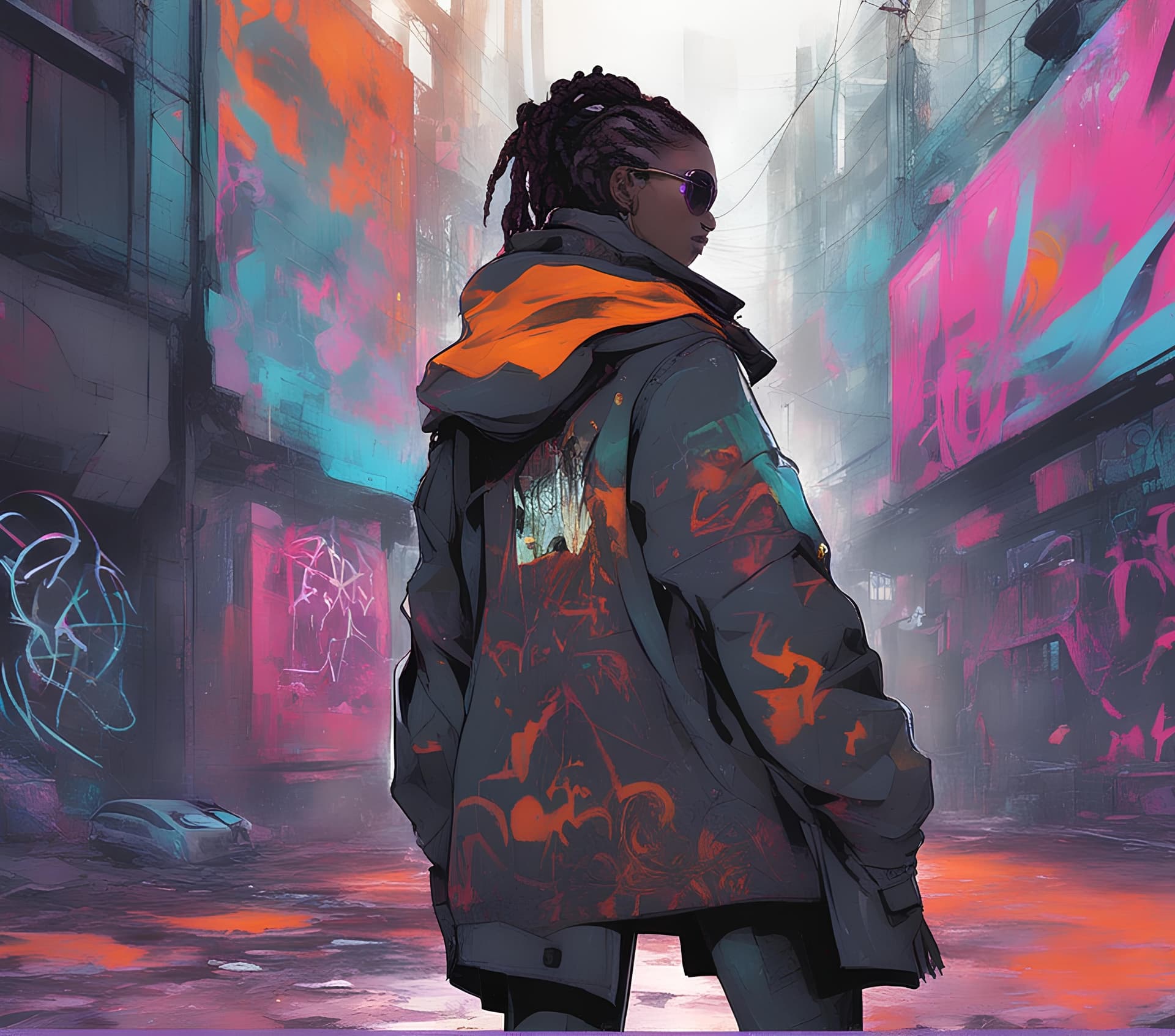 AI generated: a person standing in front of a graffiti covered wall, cyberpunk art, by Yuumei, afrofuturism, styli...