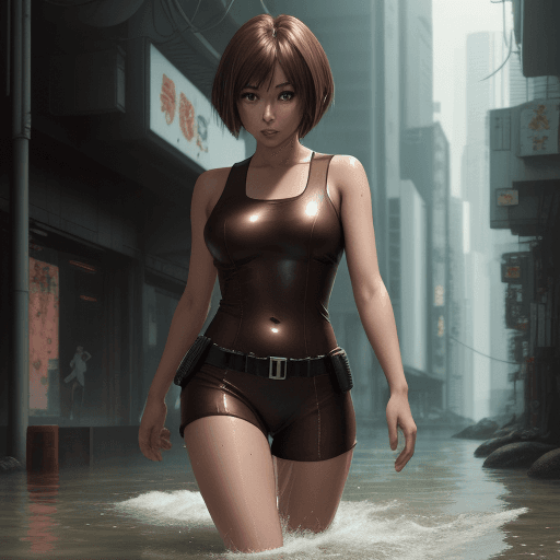 AI generated: by yoneyama mai, a brown-bob-cut-haired and brown eyed lucy \(cyberpunk edgerunners\) girl wading el...