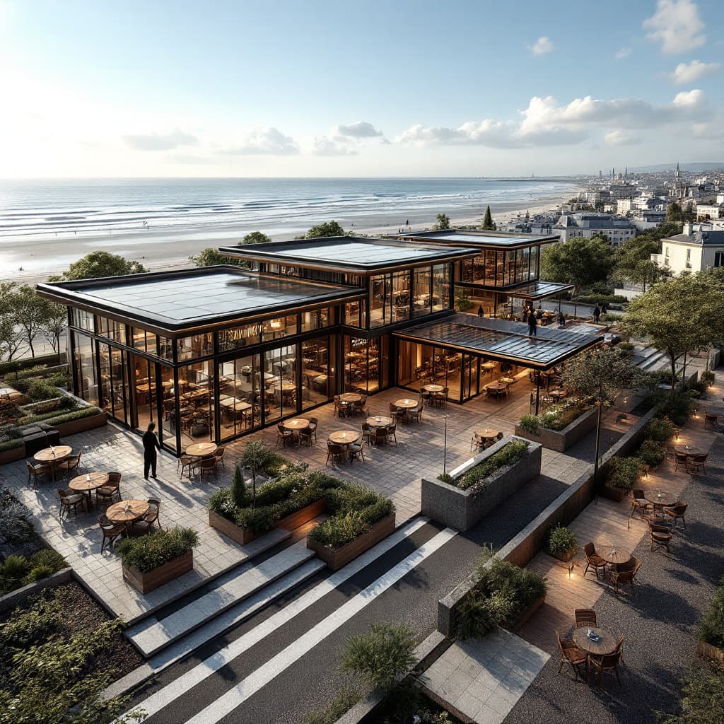 AI generated: Bird's eye View of a  modern Cafe comes restaurant with 3 - built structures with Paris's architectu...