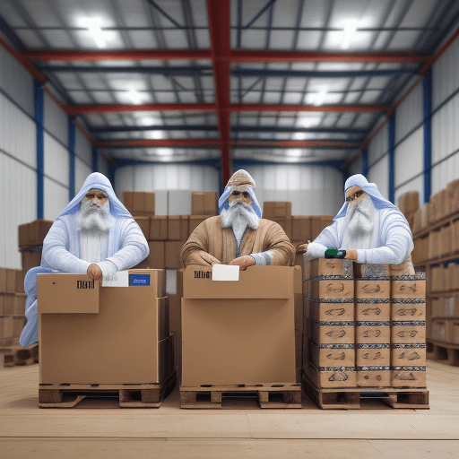 AI generated: High resolution photography interior factory three wise men working with pallet stacking them
