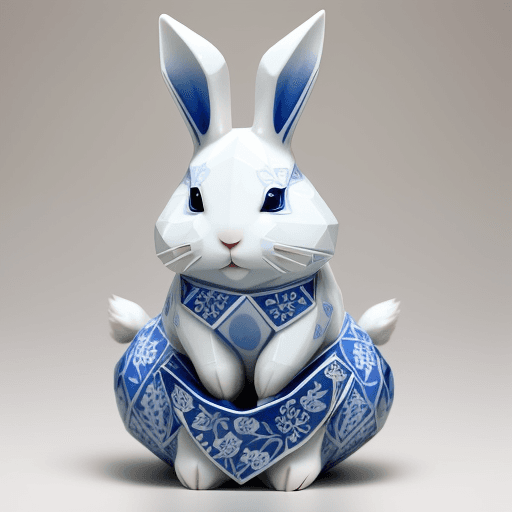AI generated: A chinese rabbit made of white ceramic with blue ink, stunning intricate designs, ((geometric and fl...