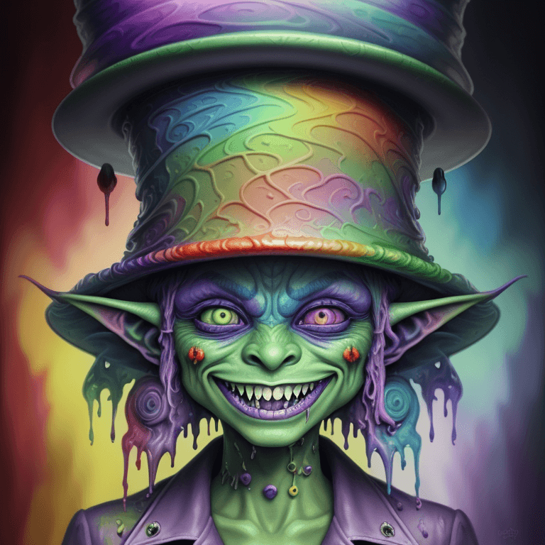 AI generated: Mistic goblin with hat in psychedelic mode,hat details, made entirely with professional oil watercol...