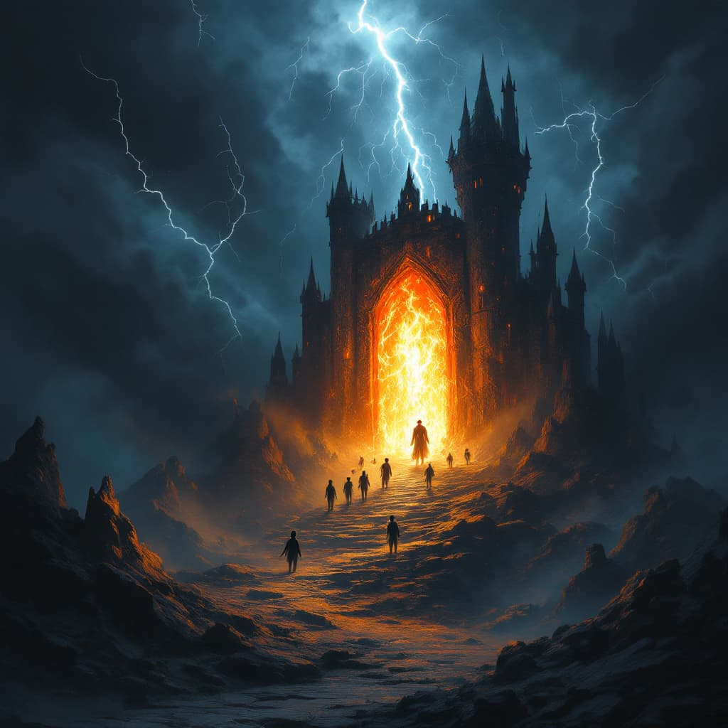 AI generated: A dark sky filled with lightning, as mysterious, small creatures emerge from a portal in a fiery cas...