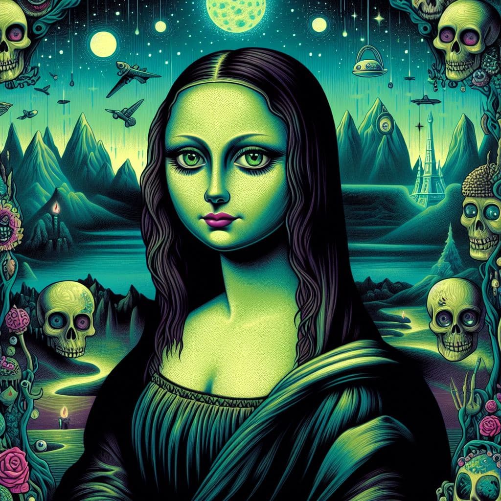 AI generated: Mona Lisa, lowbrow art, pop surrealism in the style of Camille Rose Garcia