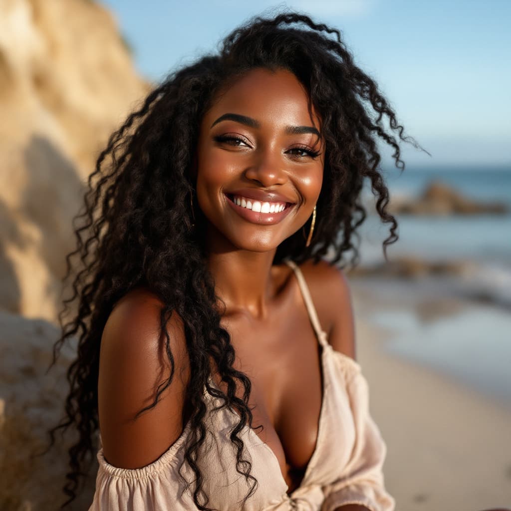 AI generated: black beautiful women in sitting in front of beach and smiling in full clothes