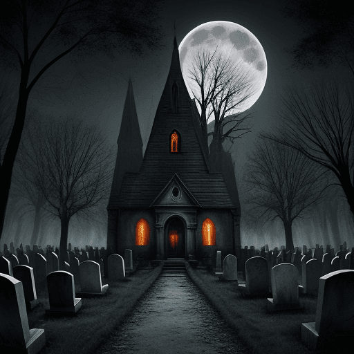 AI generated: Horror church, tortured trees, graveyard, full moon 