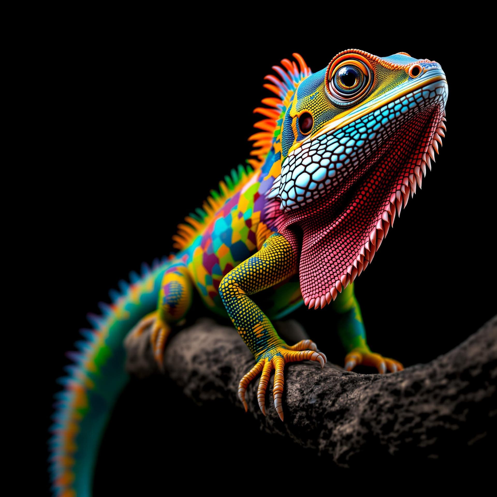 AI generated: The portrait image features a large, colorful lizard with a neck and a long tail. The lizard is on a...
