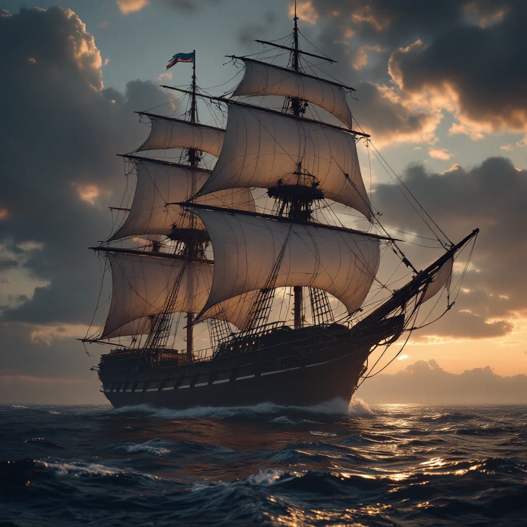 AI generated: Photo of a ultra realistic sailing ship, dramatic light, pale sunrise, cinematic lighting, battered,...