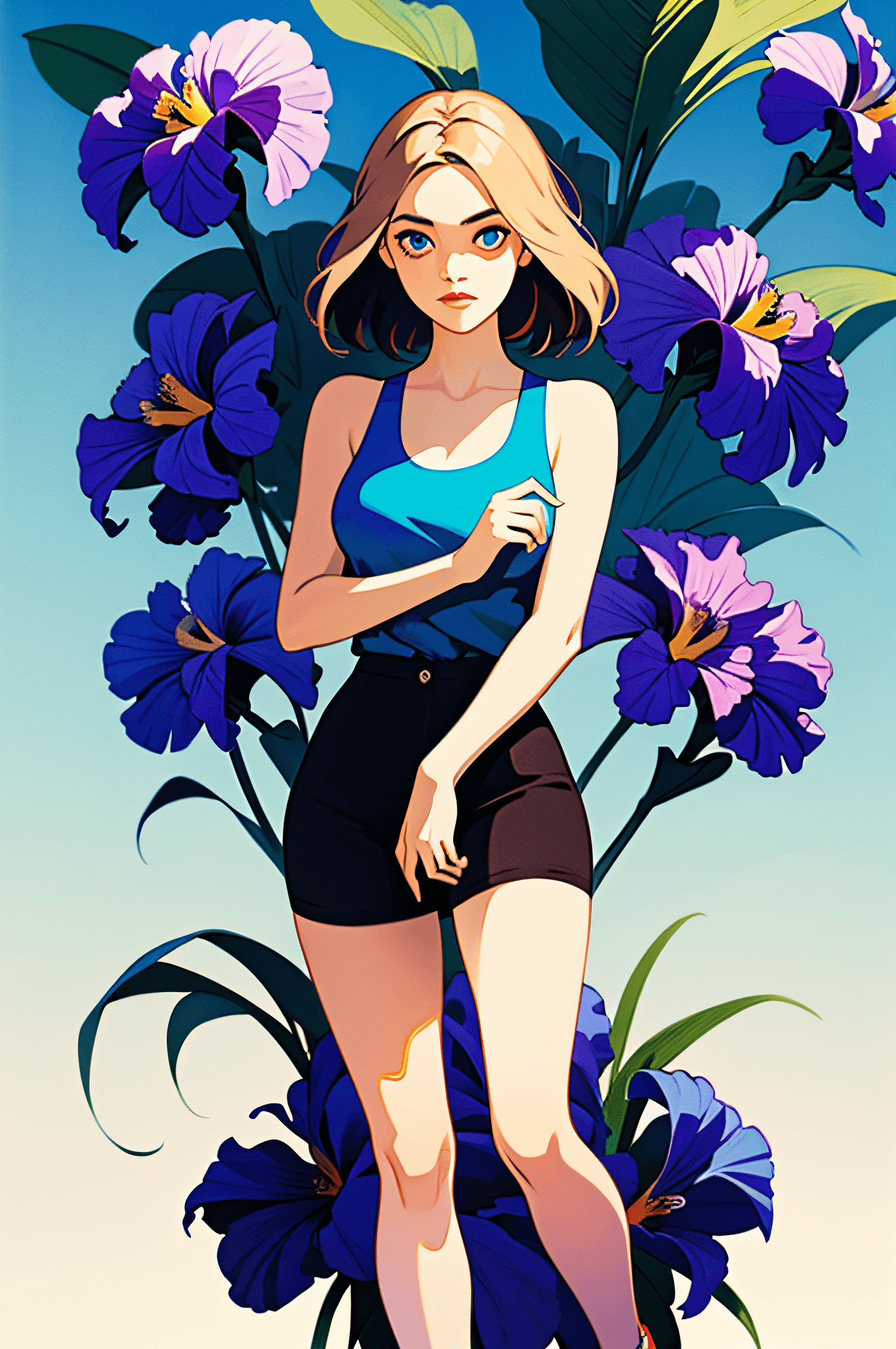 AI generated: masterpiece, best quality, 1girl, blue tank top, star iris eyes, big thighs, blue flower field