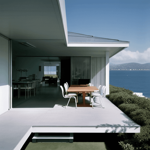 AI generated: Hyper realistic eye level exterior photo of a mid century modern style house overlooking the ocean, ...