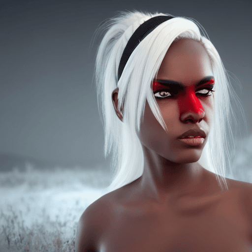 AI generated: beautiful full body dark black skin woman with white hair pulled back in a long straight pony tail, ...