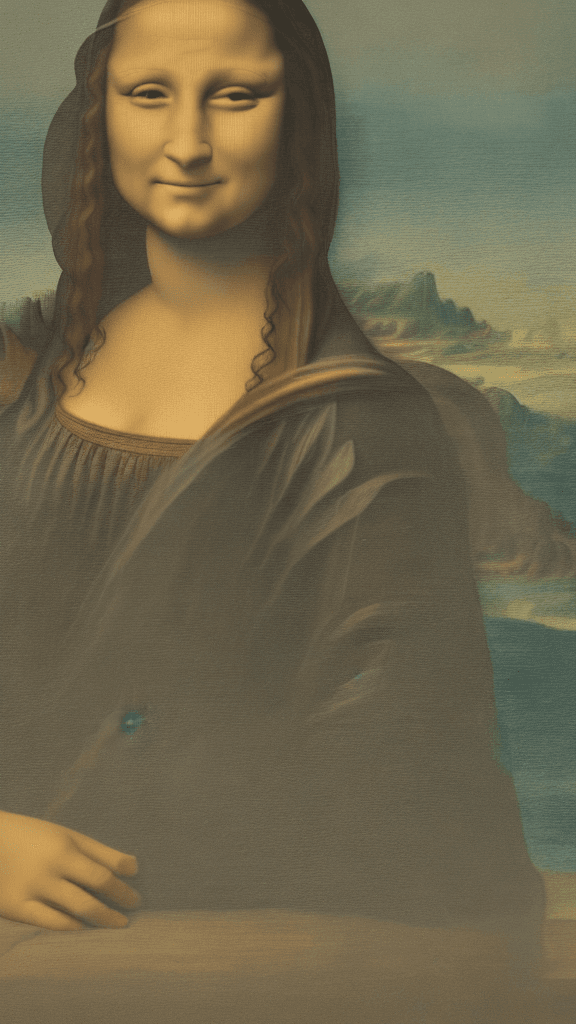 AI generated: Photo of a ultra realistic Mona Lisa she puts her hands below her chin and smiling while Leonardo da...