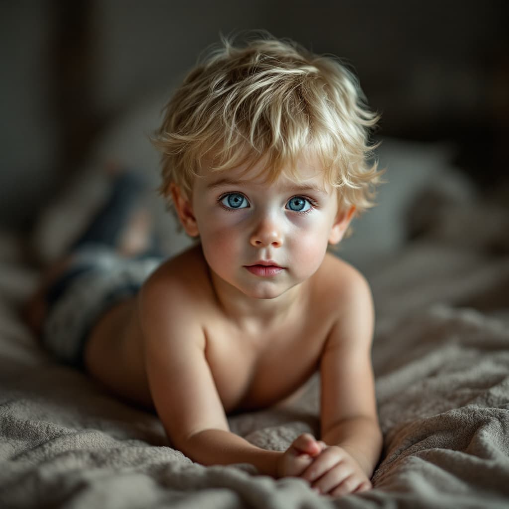 AI generated: A blond little boy on a bed with Blue eyes shirtless