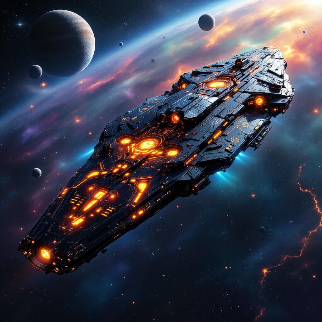 AI generated: Imagine, in detail, an alien spaceship to show a new design. An alien Mega Supercarrier. Show it in ...