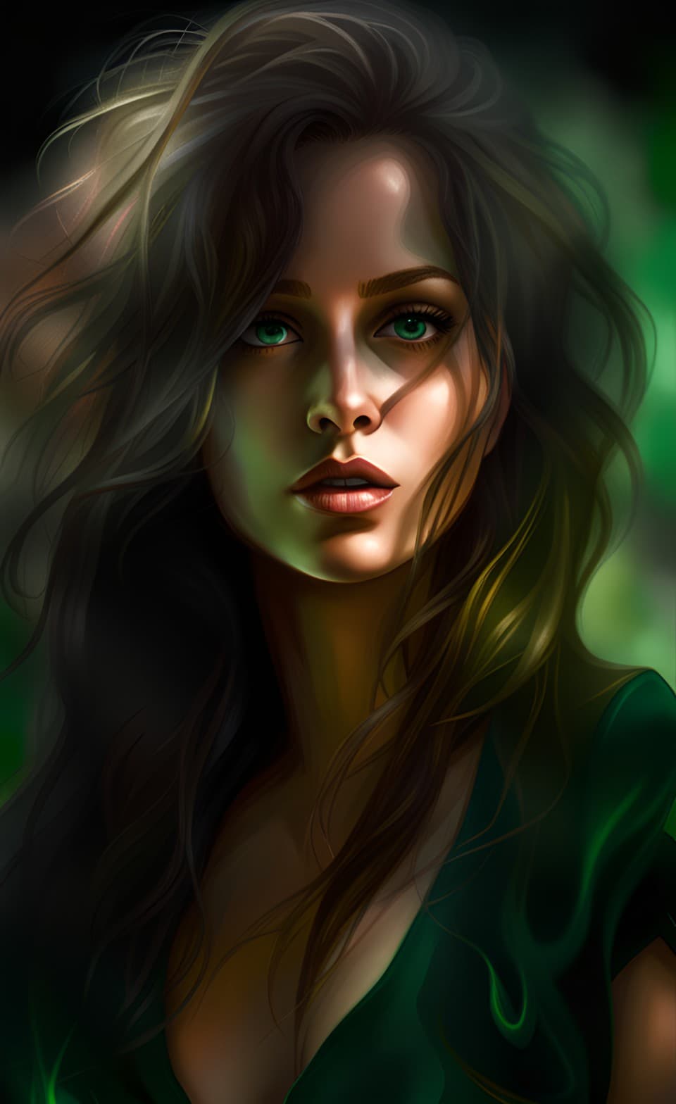 AI generated: A Young wild female in a personal portrait, long messy hair, green emerald eyes, candid, intimate, d...
