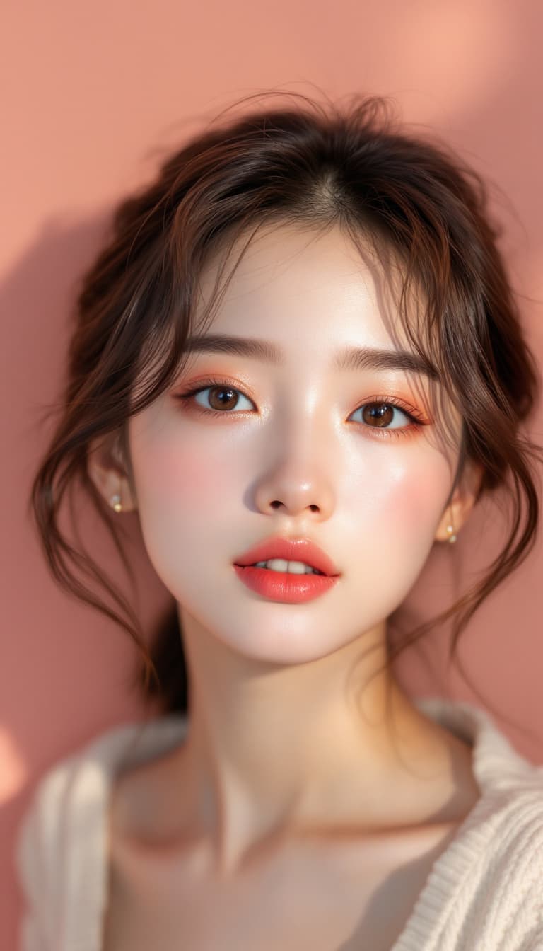 AI generated: A beautiful Chinese girl with brown hair in a low bun and light makeup, big eyes, peach pink backgro...