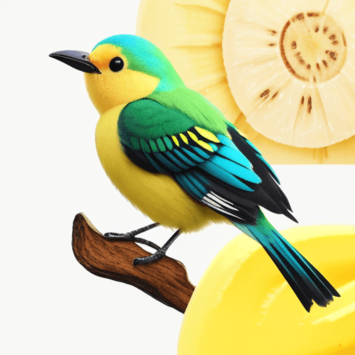 AI generated: a little bird made of a fresh banana that has been cut open, photo-realistic techniques --ar 2:3 --s...