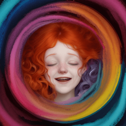 AI generated: "tribulations: swirling vortex of colours and laughing faces with depressed young red-headed woman c...