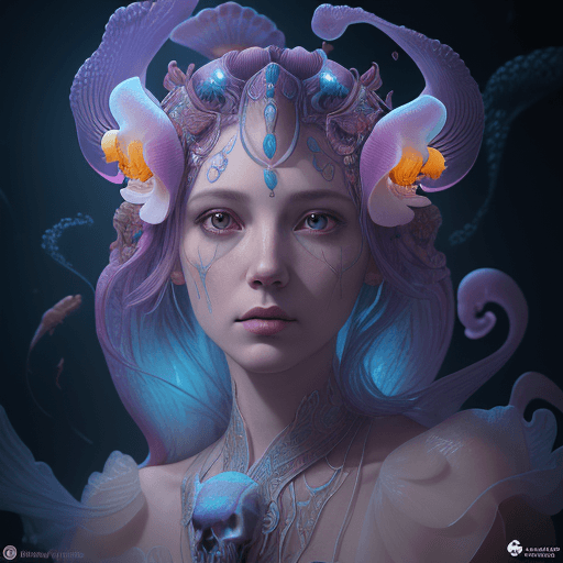 AI generated: Goddess close-up portrait ribcagel. jellyfish phoenix head, nautilus, orchid, skull, betta fish, bio...