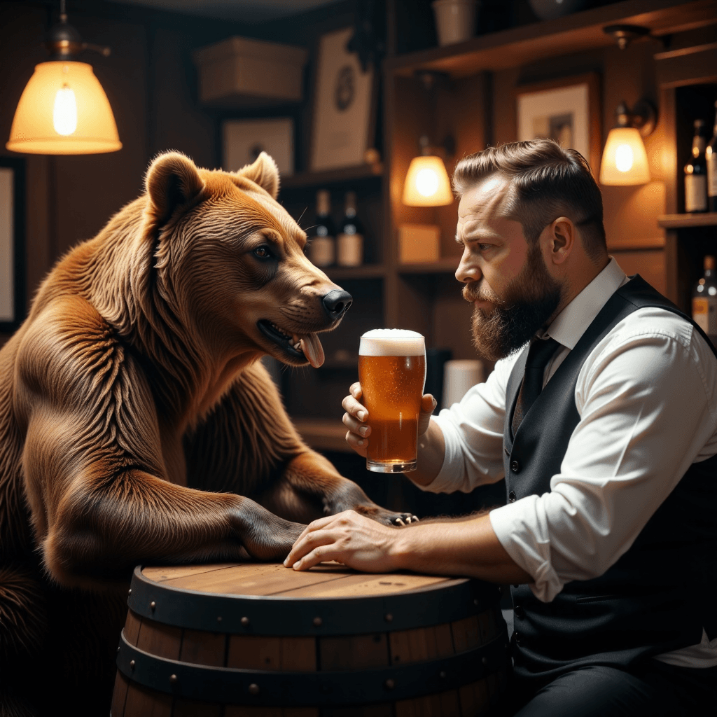 AI generated: a brown bear and a brave braggart bearded barber bracing up with a beer on a broad barrel in a briti...