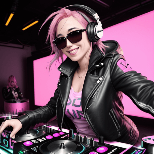 AI generated: beautiful (smiling:1) woman DJ with (pink hair:1.1) wearing (headphones:1.1) and sunglasses and a le...