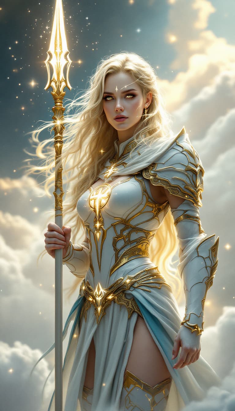 AI generated: A cinematic digital artwork featuring a determined, female celestial warrior in a commanding yet com...