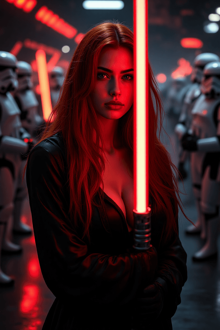 AI generated: A stunning 24-year-old woman with long, fiery red hair stands confidently in complete darkness, illu...