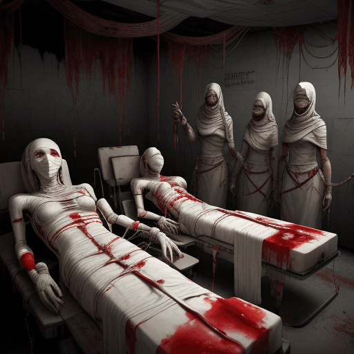 AI generated: dystopian illustration of a blood donation center with six mummies laying on medical gurneys. The mu...