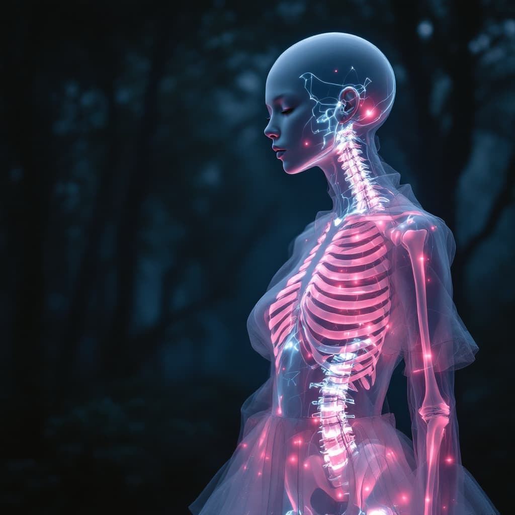 AI generated: full body shot of an albino woman with transparent skin, glowing pink neon skeleton visible through ...