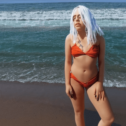 AI generated:  billie eilish microkini beach
