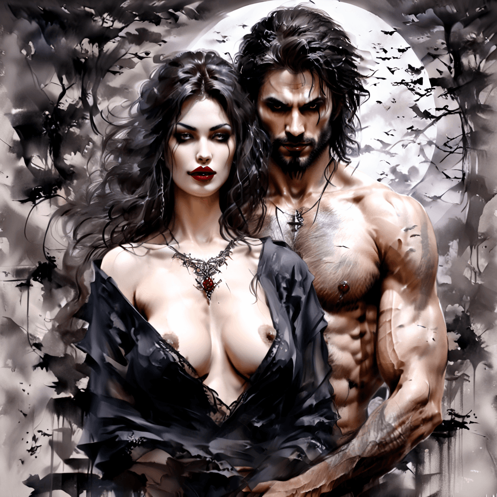 AI generated: nude dominant male werewolf and nude submissive female vampire, realistic penis, realistic pussy, de...