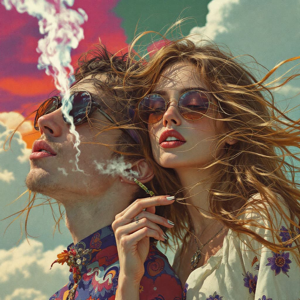AI generated: A hippy girl and her hippy boyfriend from the 60's. Highly detailed. Their hair blowing in the wind....