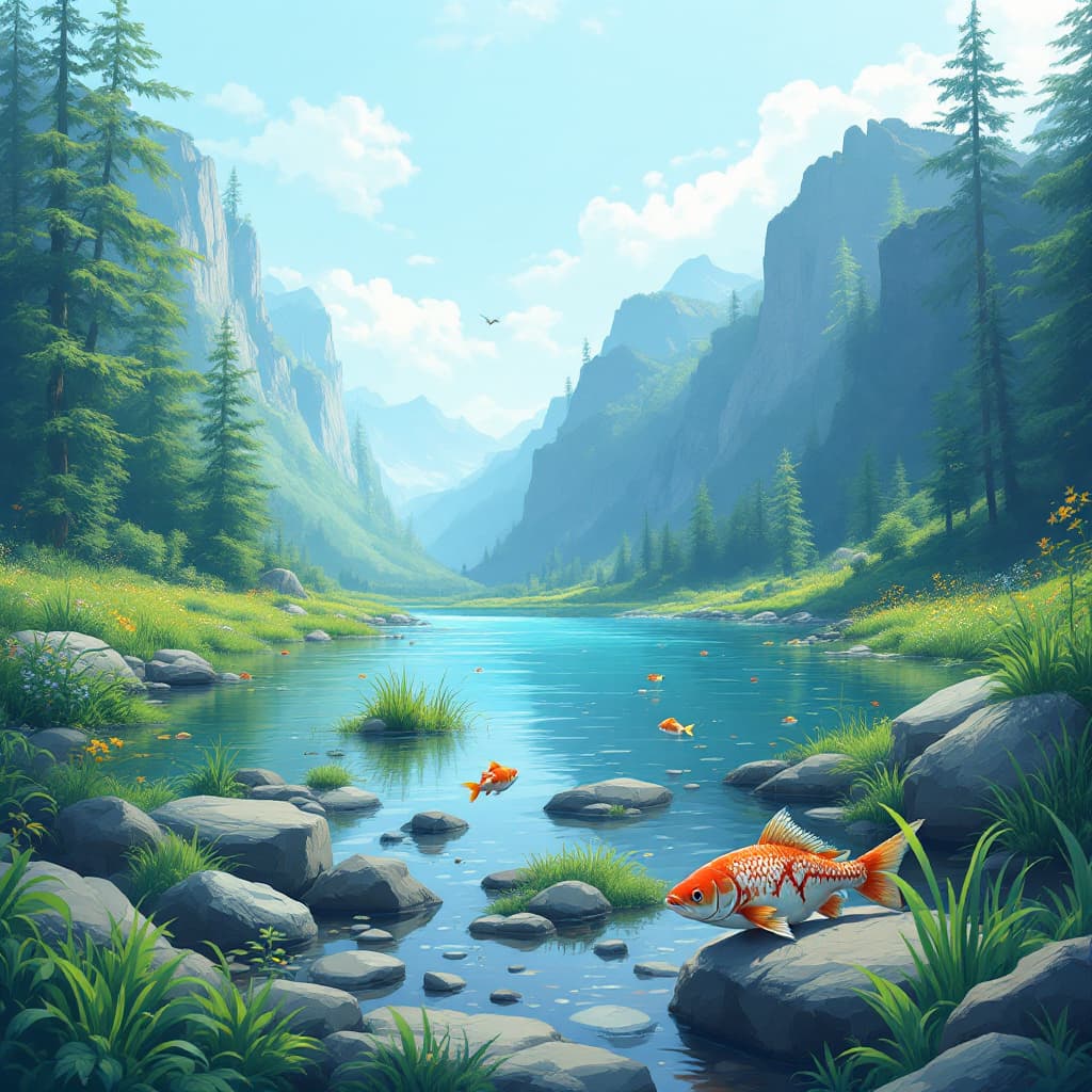 AI generated: river shore, animation style, fish