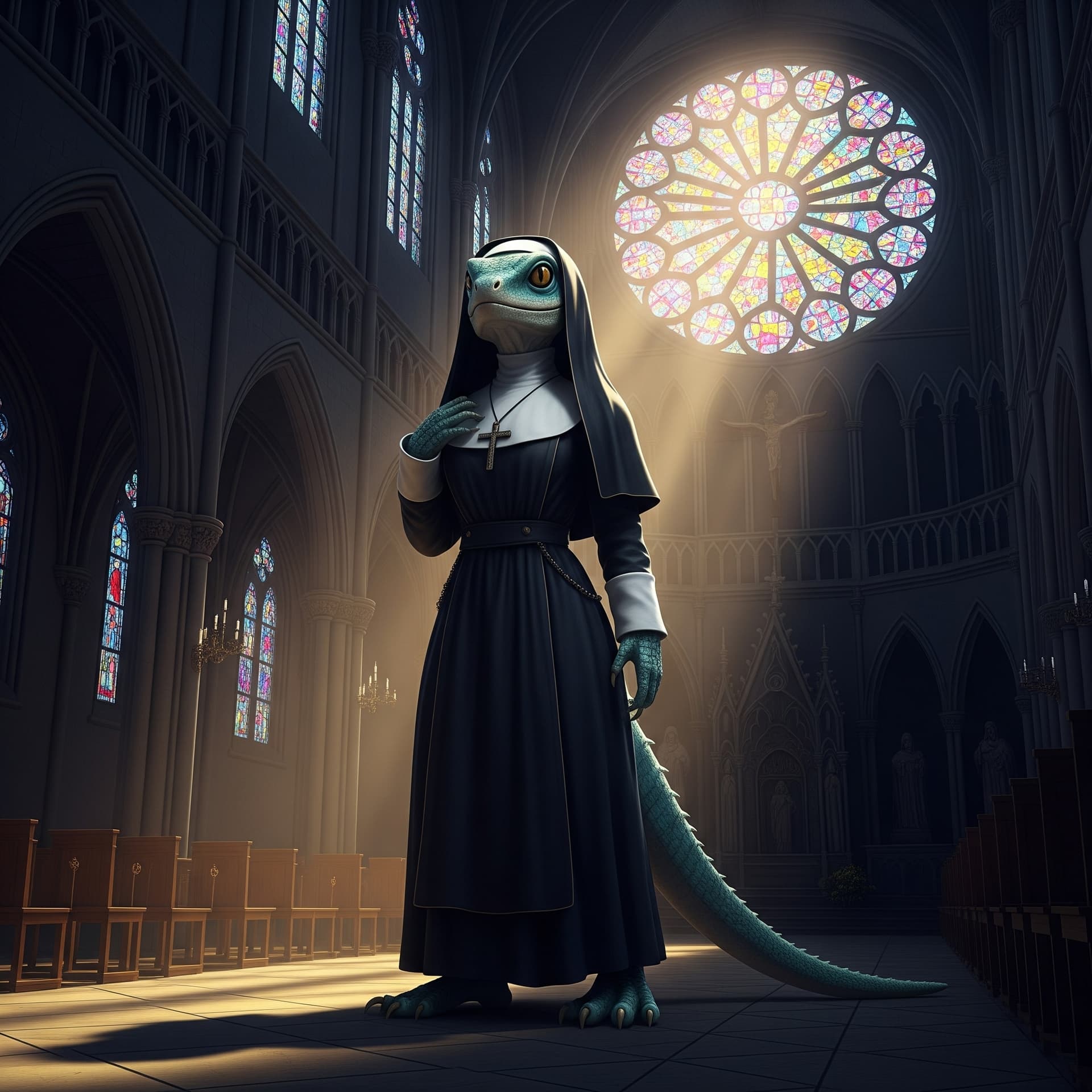 AI generated: Hyper realistic full body view of beautiful humanoid lizard nun, Lackschuhe, frontal view, ray of li...