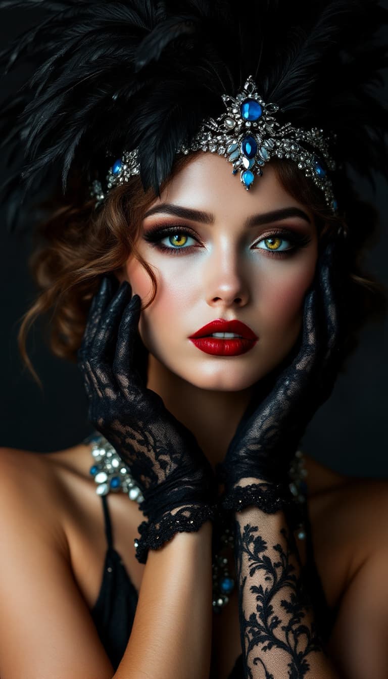 AI generated: Fine art portrait photography, warm yet dark tones, soft focus. A stylish supermodel in her early tw...