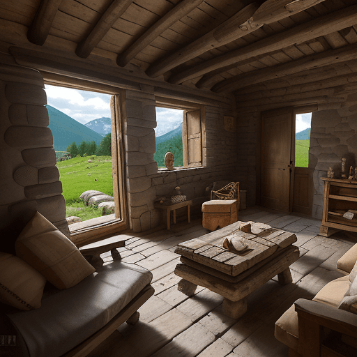 AI generated: Set in ancient Rome, a stone hut, without windows, with a wooden roof, with a door made of logs, in ...