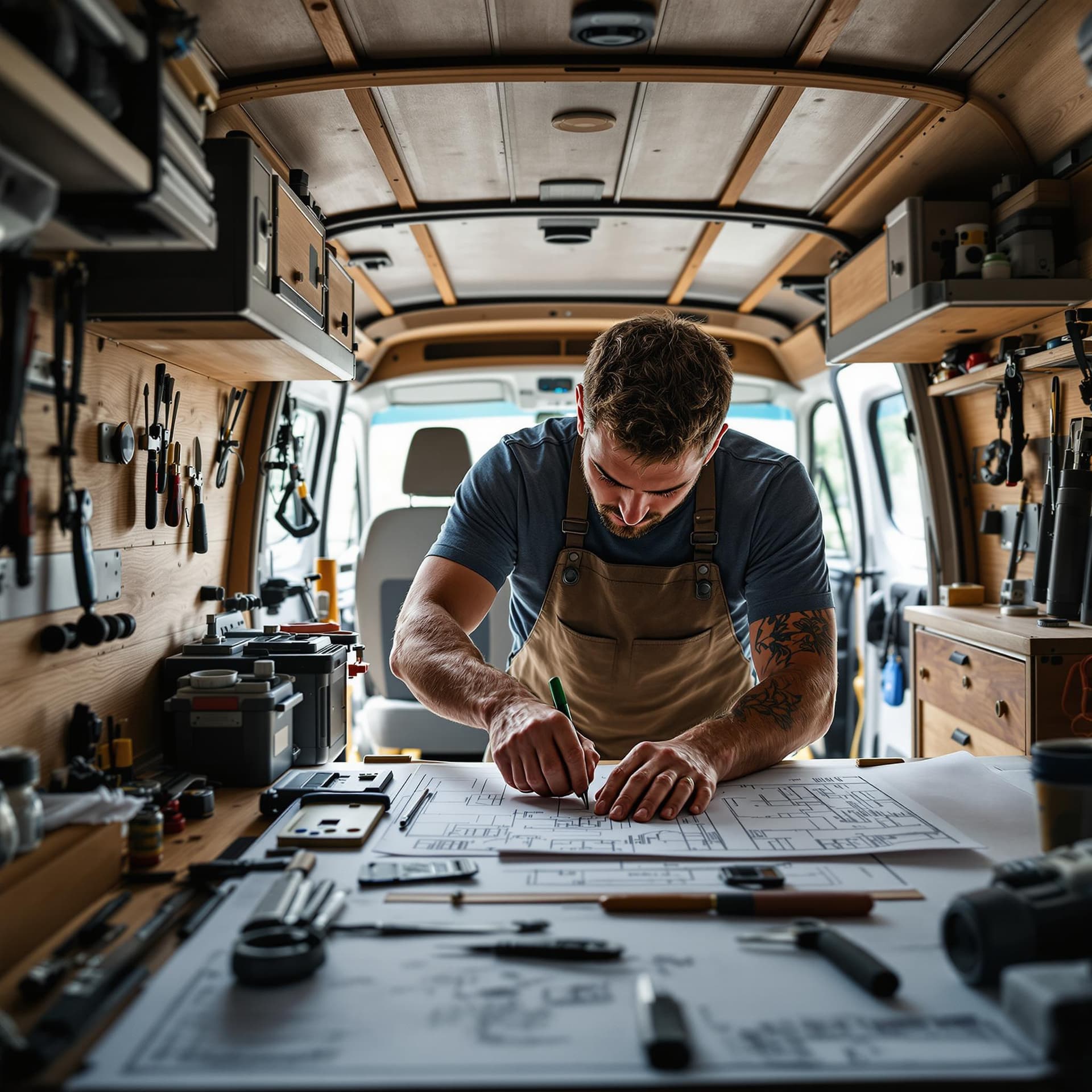 AI generated: A person working on a van conversion with tools and blueprints. dslr, ultra quality, sharp focus, ta...
