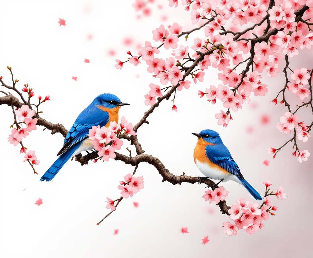 AI generated: a pink flowering cherry tree branch with an eastern bluebird sitting on the branch and an eastern bl...