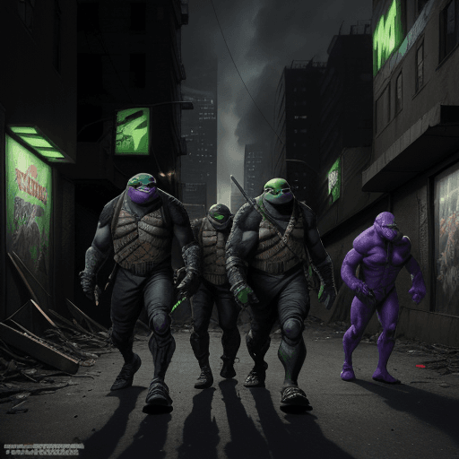 AI generated: Create a dark and violent scene featuring the Teenage Mutant Ninja Turtles in a gritty, dystopian ci...