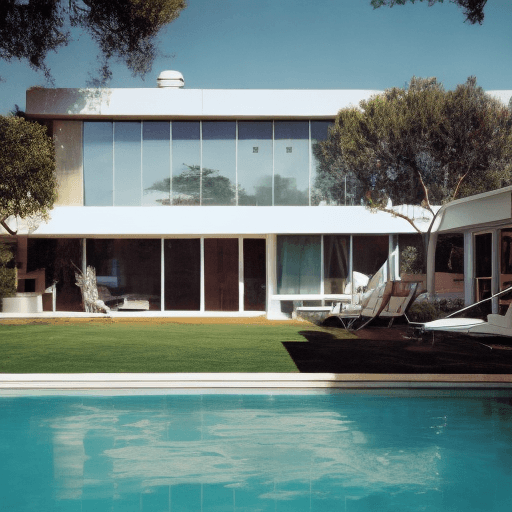 AI generated: Hyper realistic eye level exterior photo of a mid century modern style house overlooking the ocean, ...