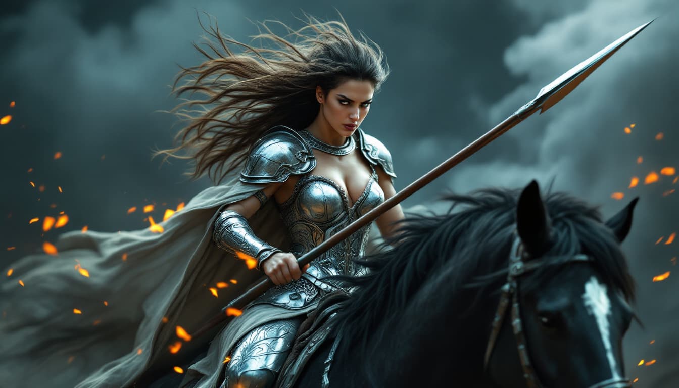 AI generated: A fierce warrior woman, adorned in intricately designed silver armor, rides a powerful black horse, ...