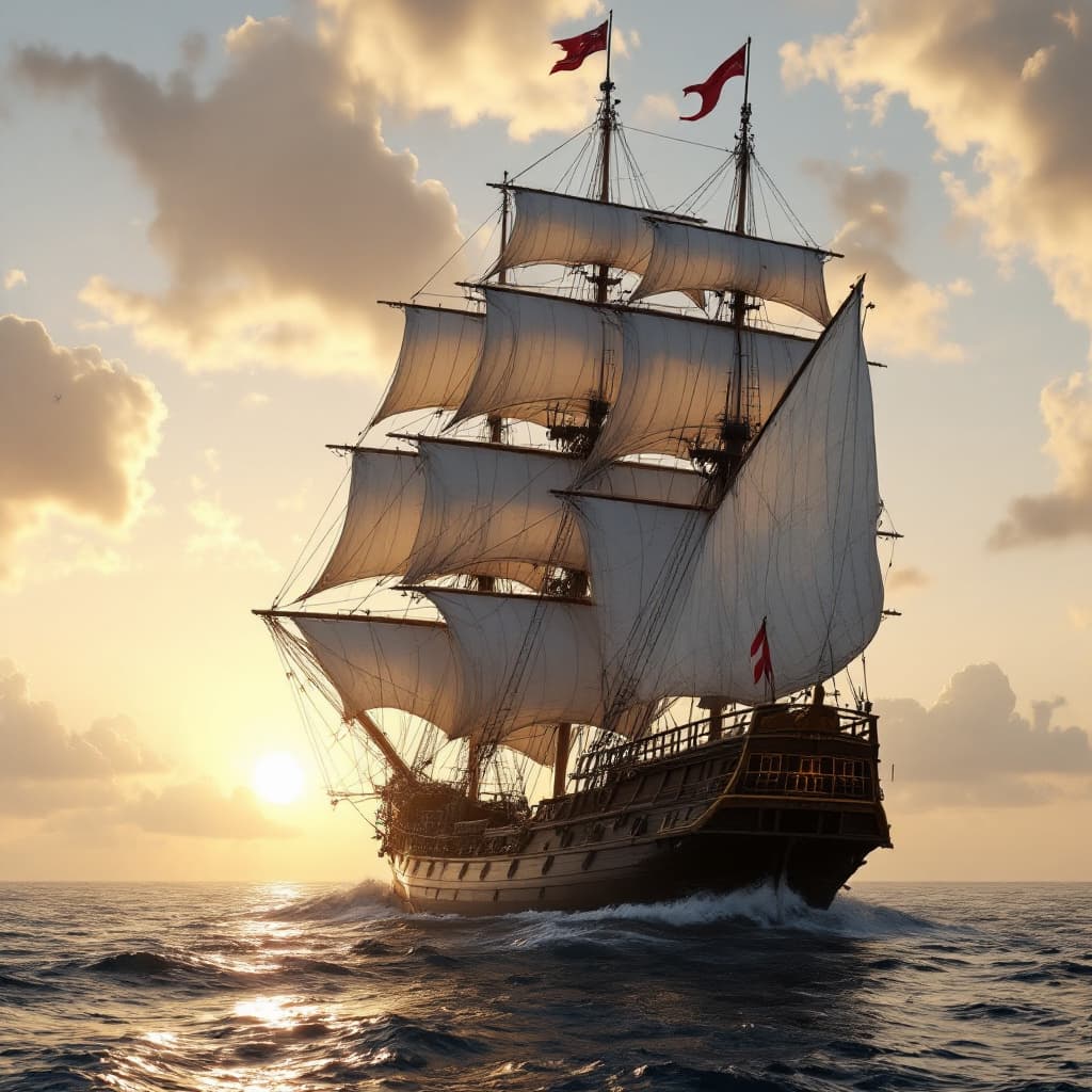 AI generated: Photo of a ultra realistic sailing ship, dramatic light, pale sunrise, cinematic lighting, battered,...
