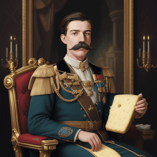 AI generated: The image is old oil painting style features a younger man, with a mustache,  He is a king, giving t...