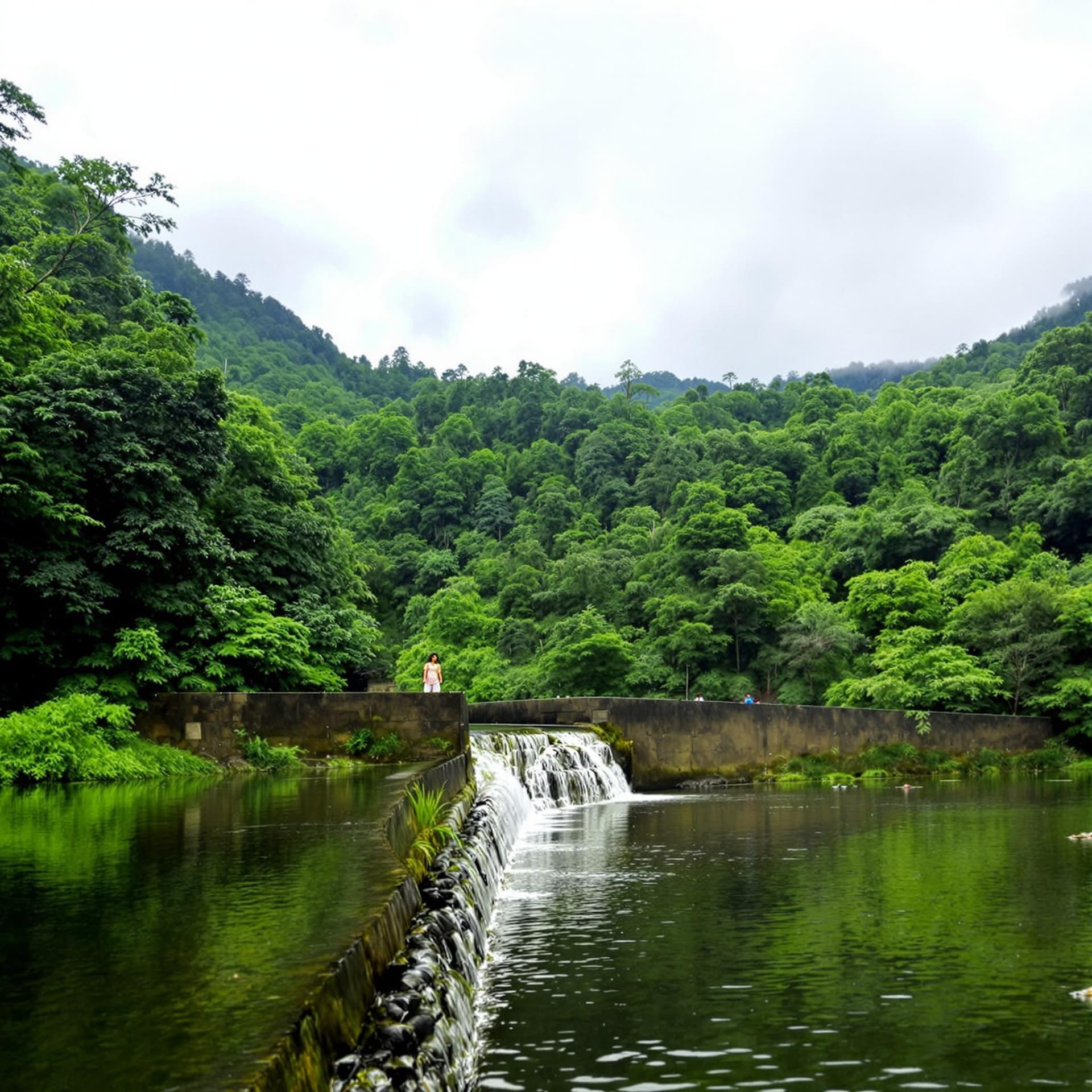 AI generated: The image depicts a serene landscape from kerala featuring a waterfall cascading over a curved dam, ...