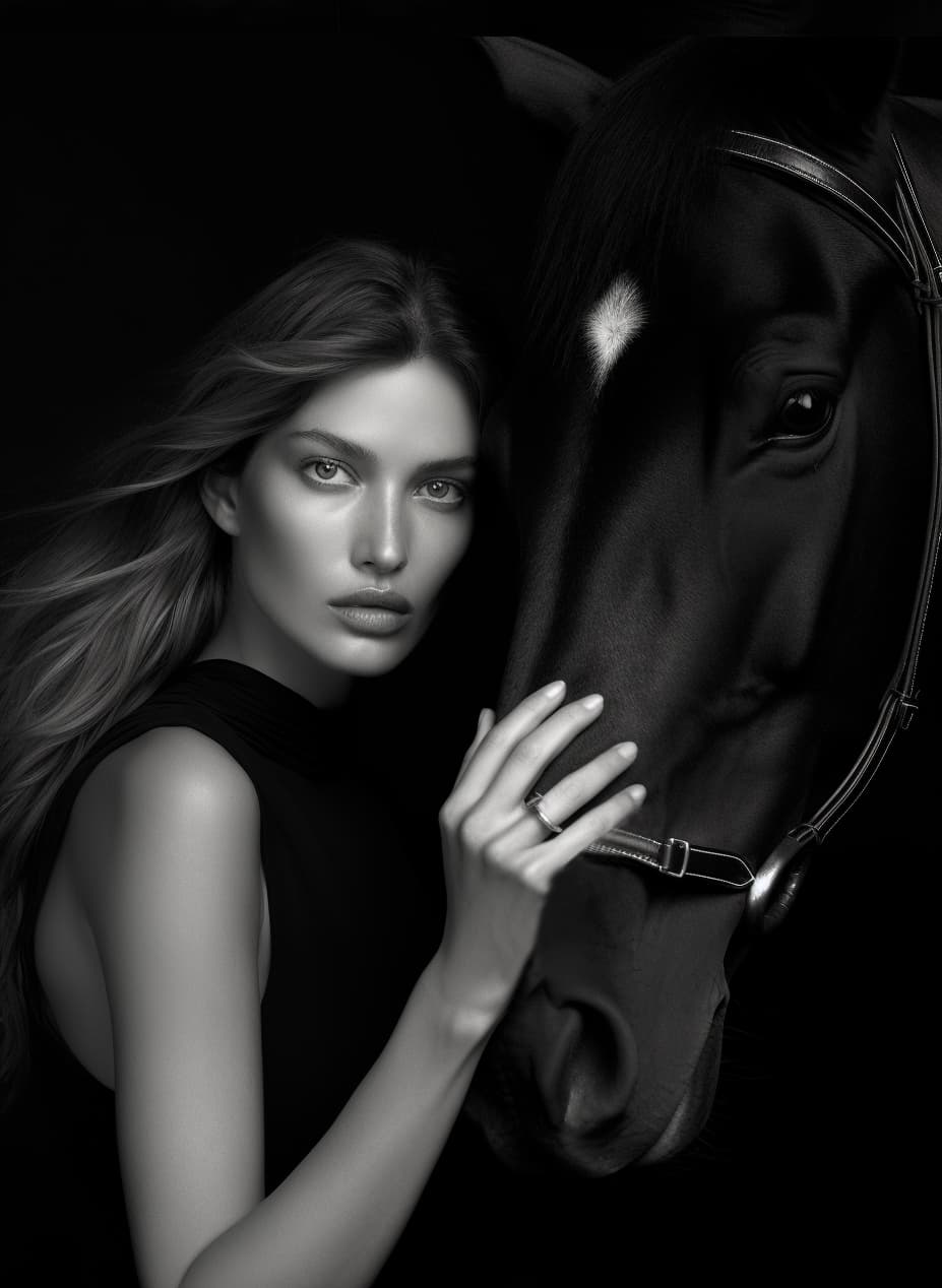 AI generated: a black and white photo of a woman leaning on a horse, luxury brand, sparkling dark jewelry, supermo...