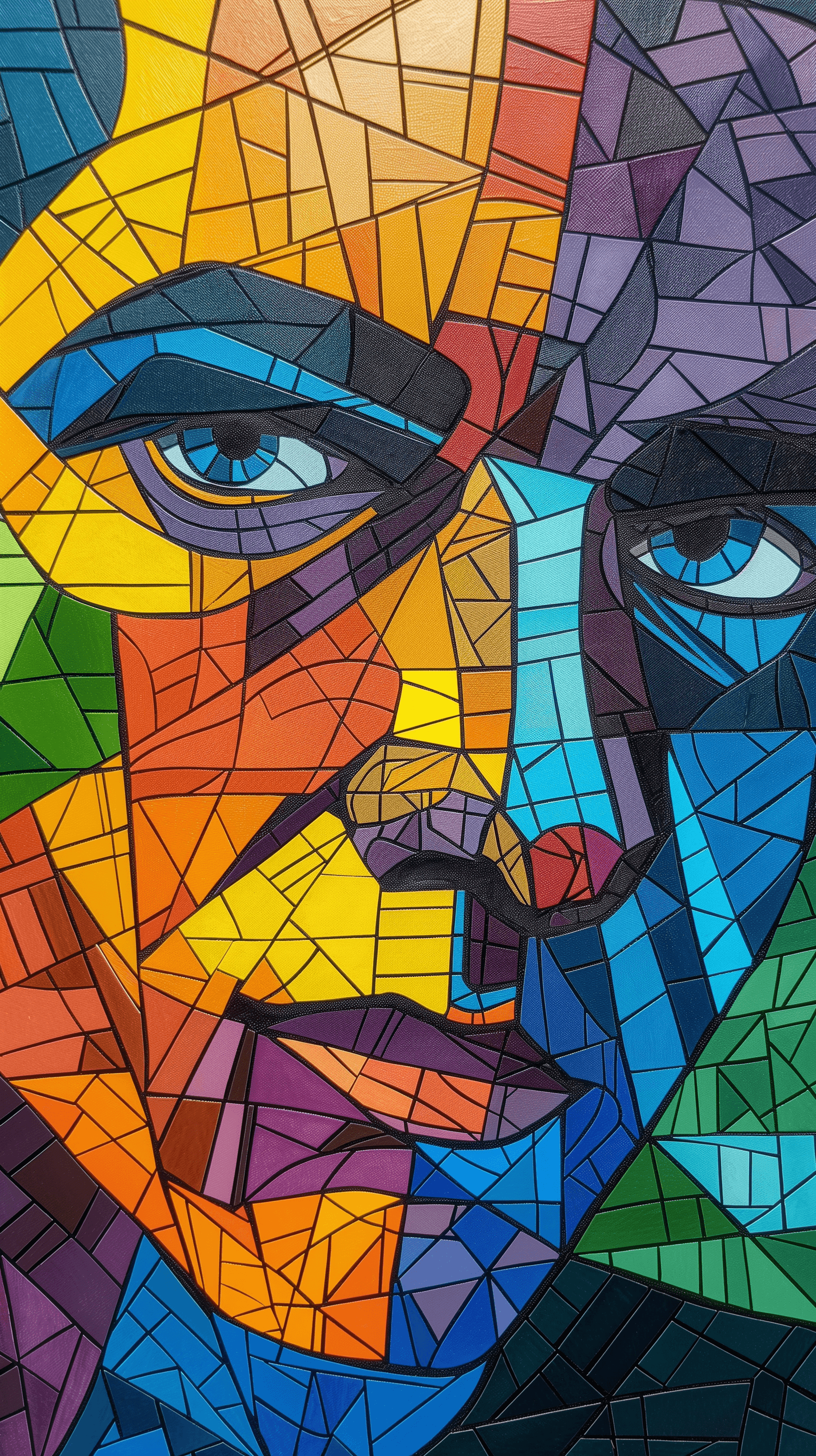 AI generated: illustration, art, man, face, gaze, mosaic, mondrian, consisting random colors, black outline, patte...