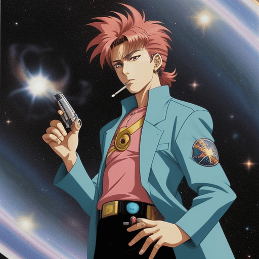 AI generated: A 90s anime style space-cowboy with a revolver in hand and cigarette in mouth