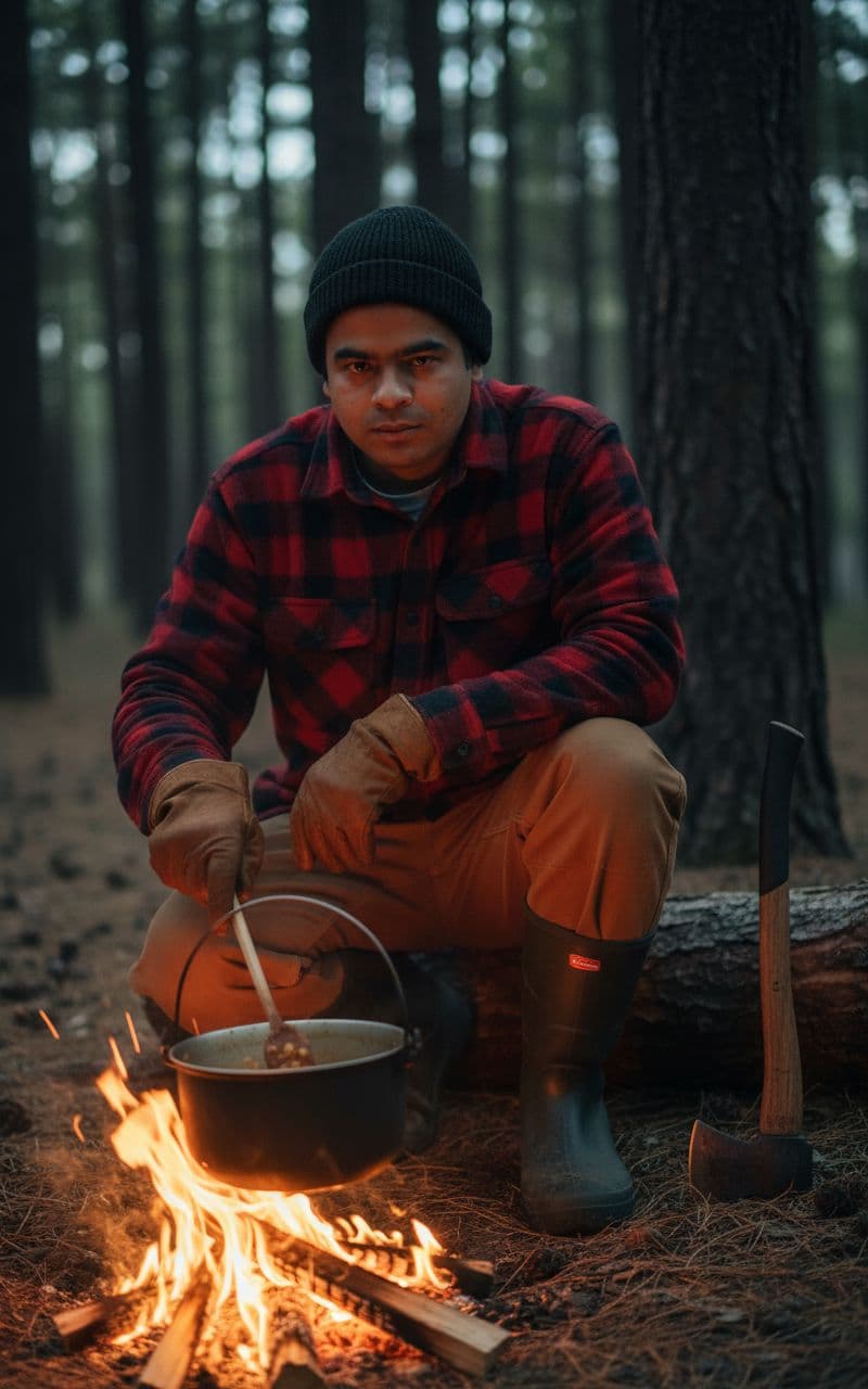 AI generated: (Camping Look):
Subject: A practical late-20s man. Clothing: Heavy flannel shirt (red and black pla...
