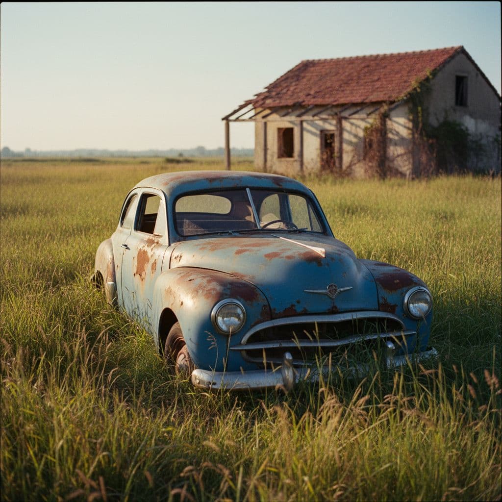 AI generated: A realistic Eastman Kodak 5294 photo of vintage, rusted blue car, positioned prominently in an overg...