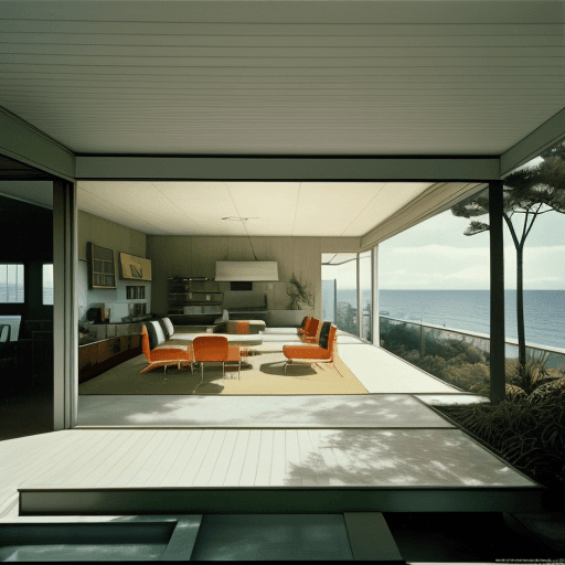 AI generated: Hyper realistic eye level exterior photo of a mid century modern style house overlooking the ocean, ...